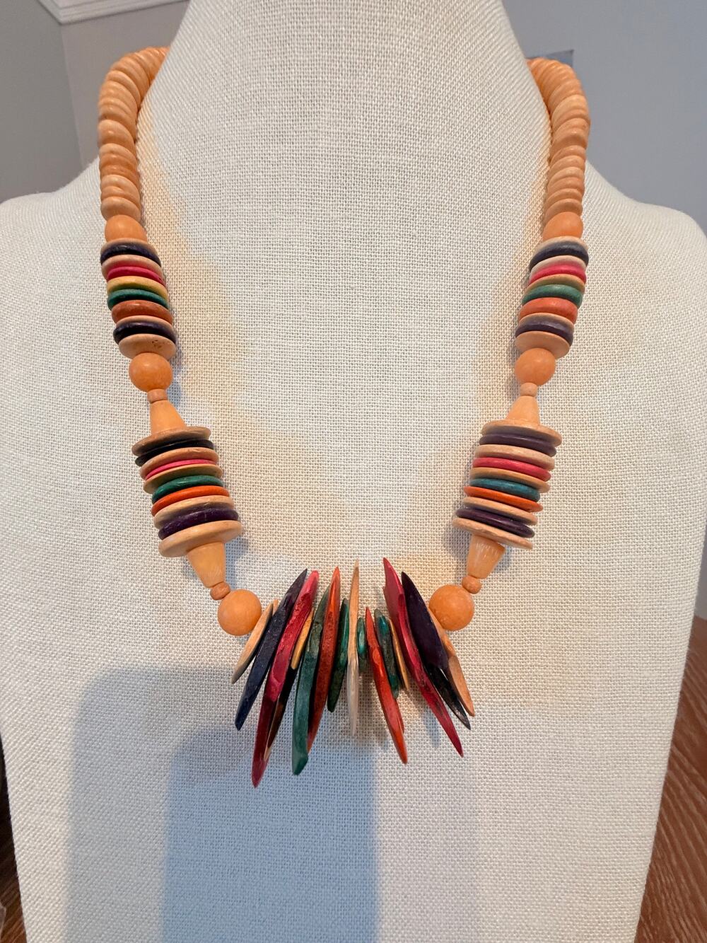 22” Colorful Wood Disc Statement Necklace